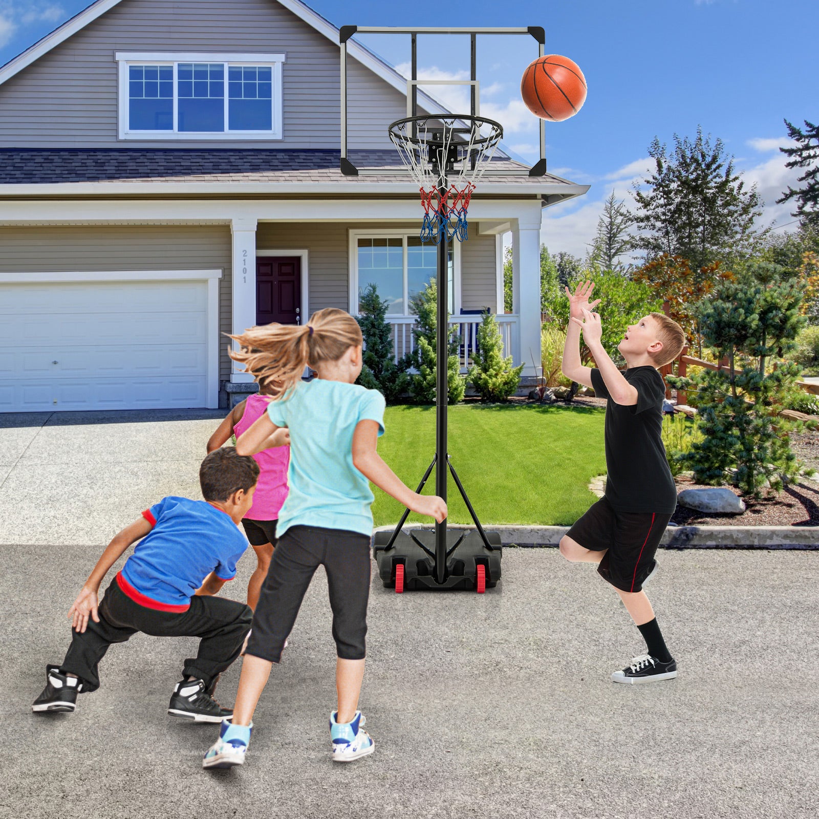 223-253 cm Portable Basketball Hoop with Front Wheels and Fillable Base
